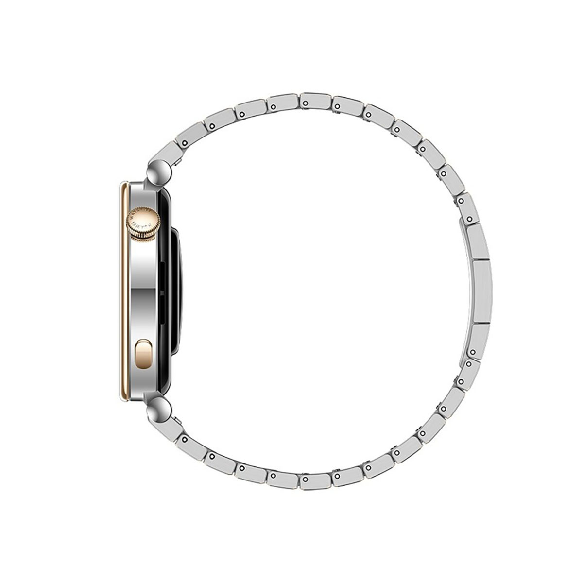 Widok z boku złotego i srebrnego smartwatcha z metalową bransoletą na białym tle.