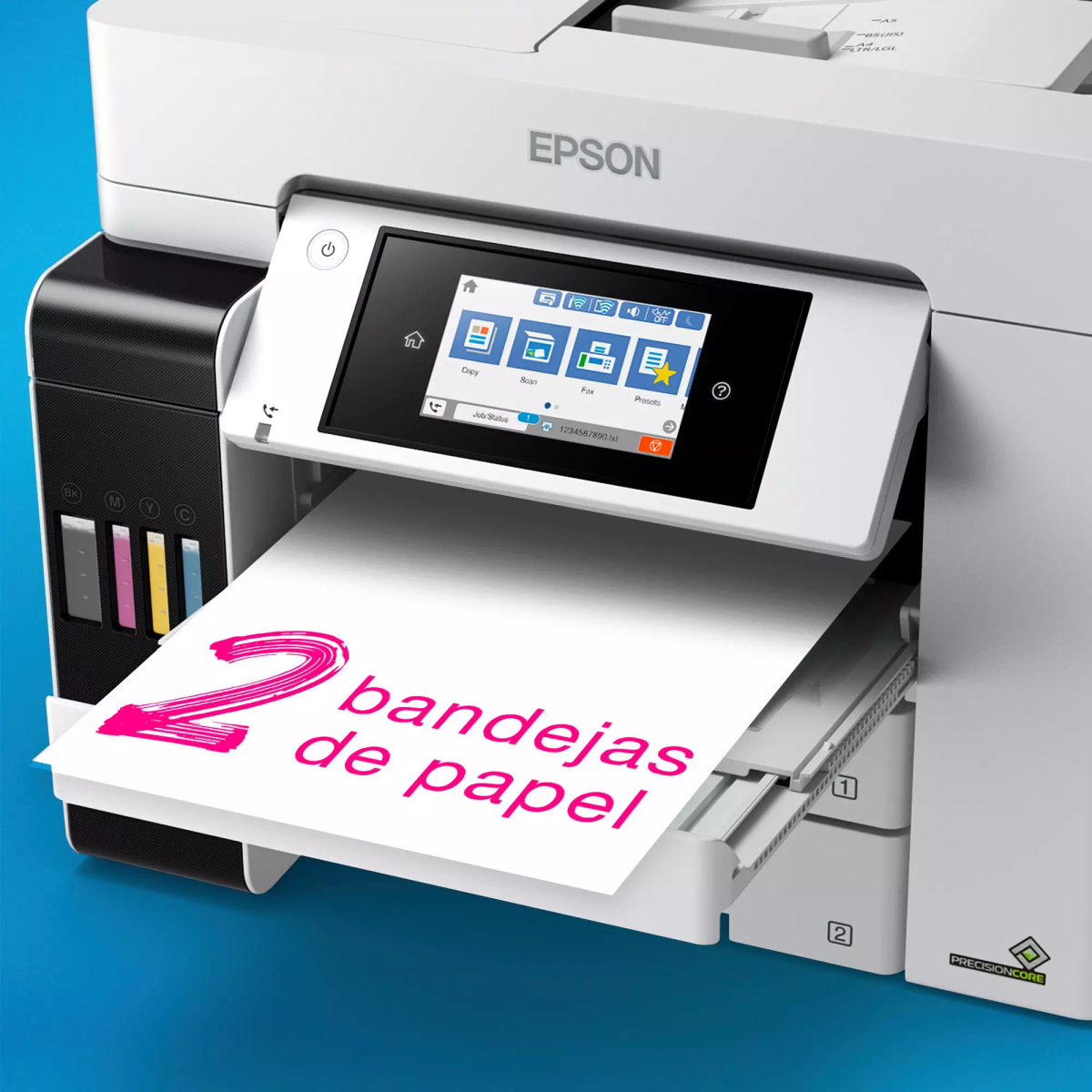 Drukarka Epson z dwoma podajnikami papieru. Tekst na papierze: 2 podajniki papieru.