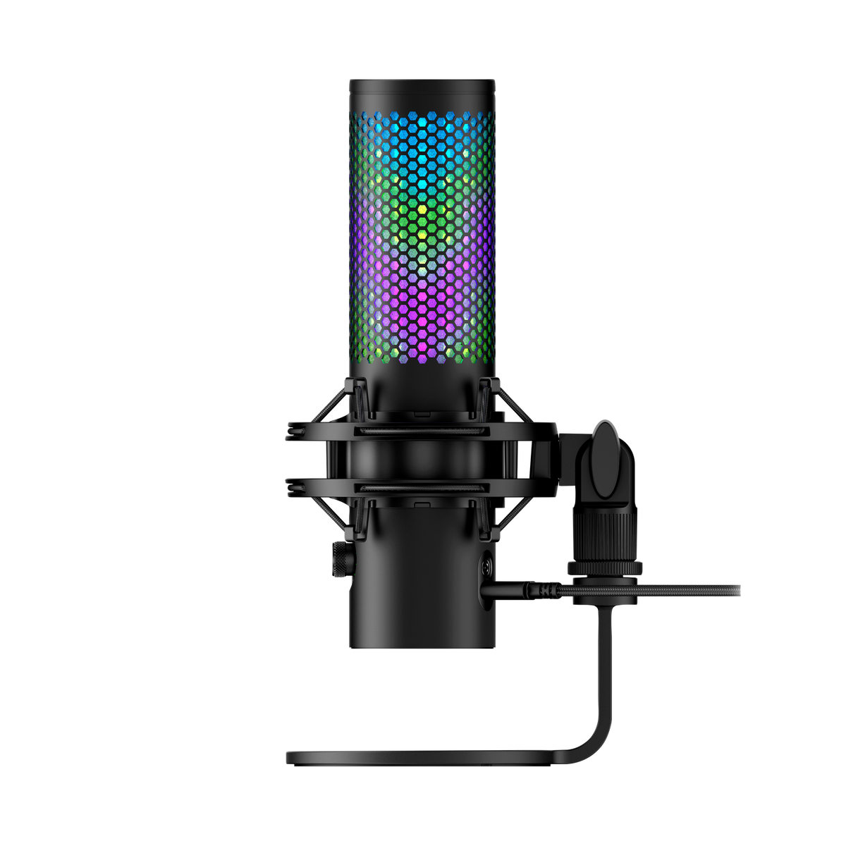 Microphone noir avec lumières LED colorées sur un support noir, fond noir.