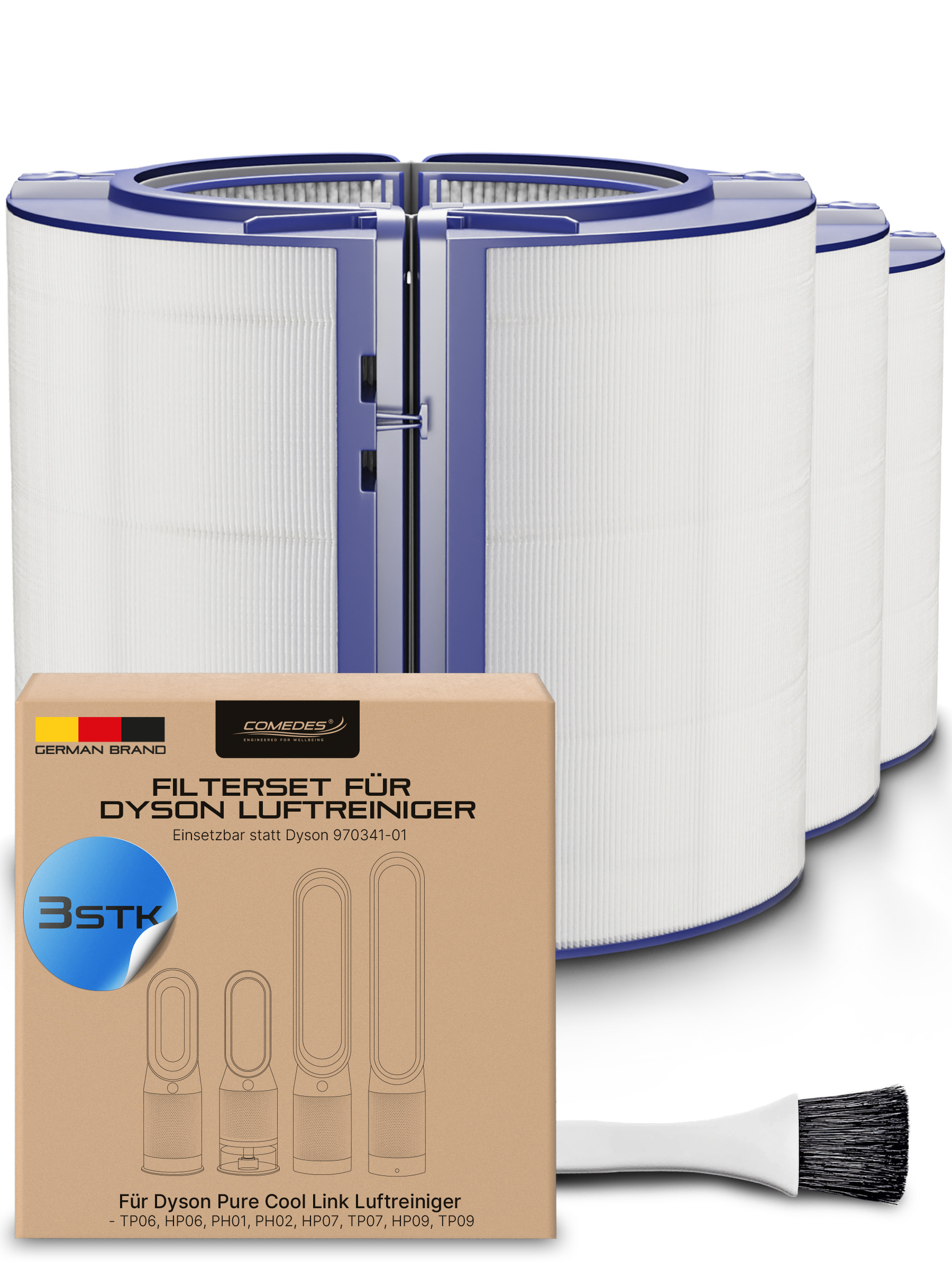 Box mit Luftfiltern. Filter sind weiß mit blauen Rahmen. Bürste und Produktinfo vorhanden.