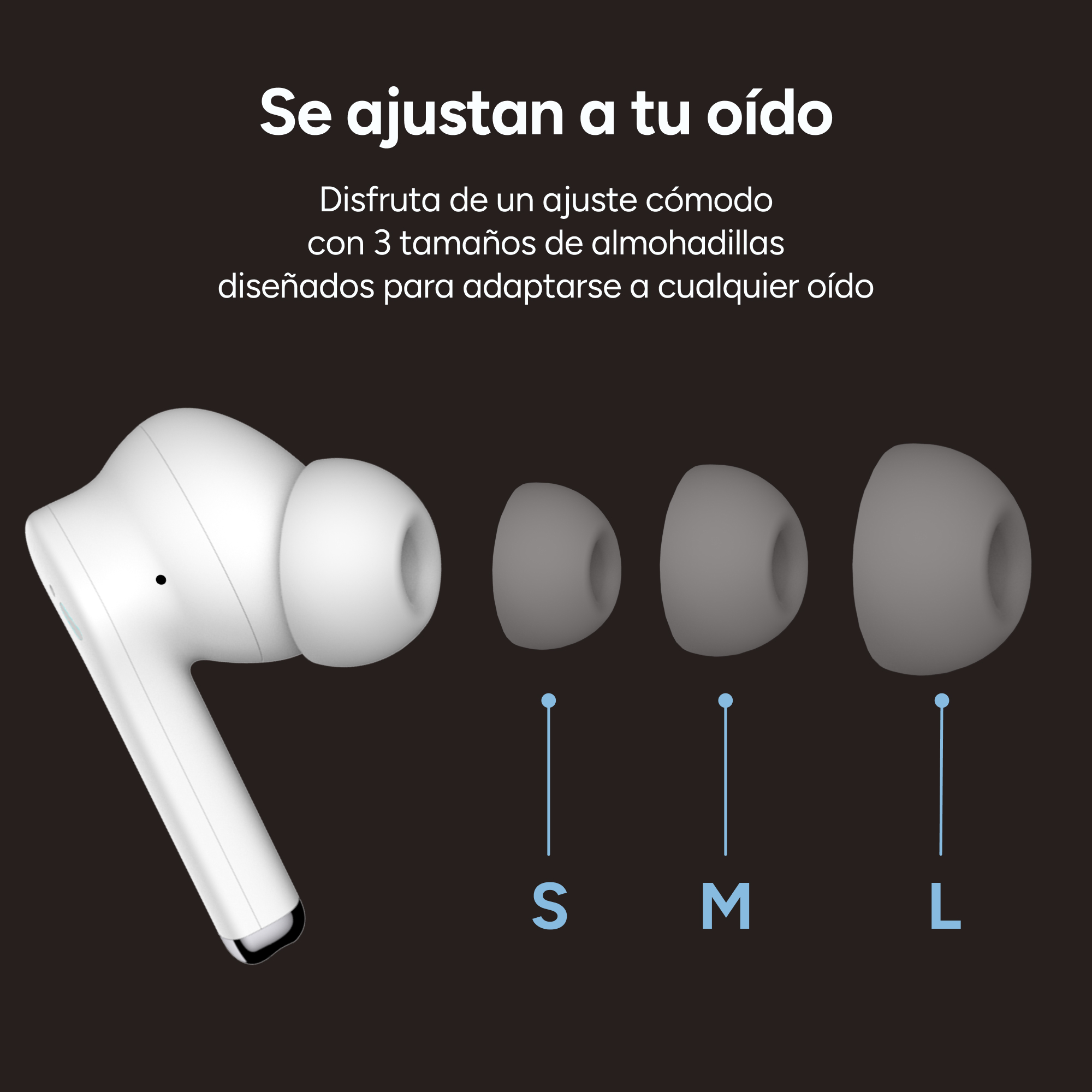 Auriculares blancos con tres puntas de diferentes tamaños: S, M y L, para un ajuste cómodo en el oído.
