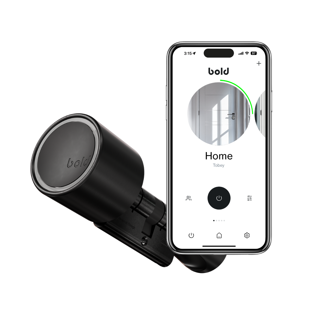 A black smart lock and a phone showing a door. The phone displays the Bold app interface.