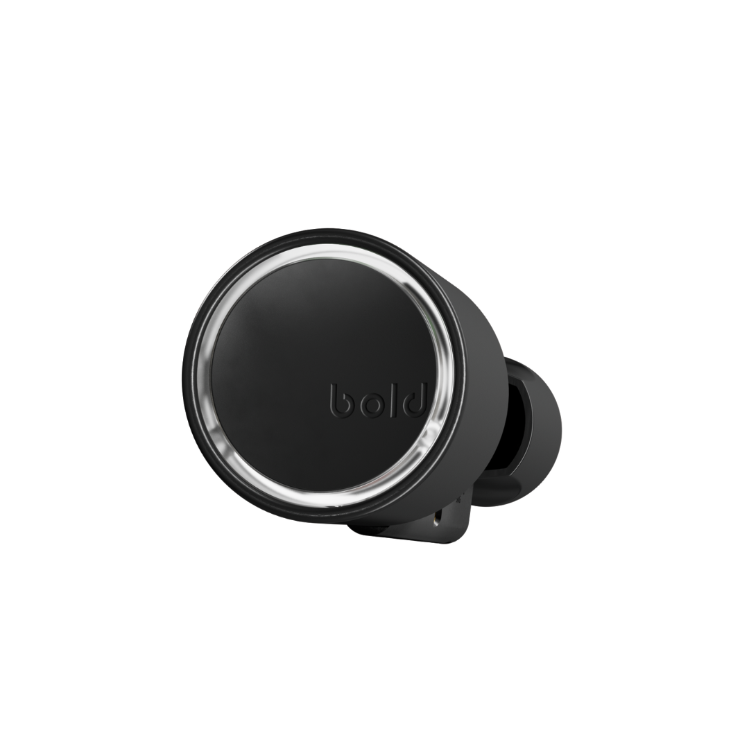 Black earbud with a silver ring and a small black stem, on a white background.