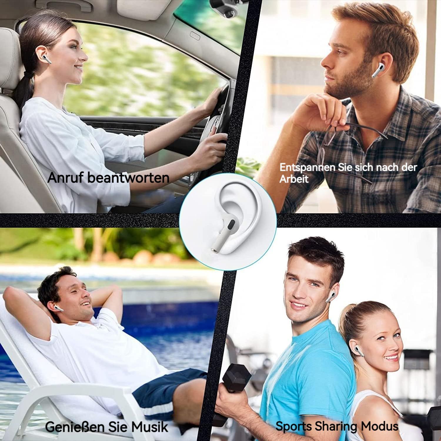 Vier Bilder, die Menschen zeigen, die kabellose Ohrhörer in verschiedenen Umgebungen verwenden: Autofahren, Entspannen, Hören, Trainieren.