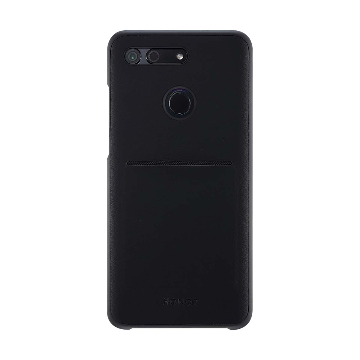 Una custodia per telefono nera con logo Honor, con ritaglio per fotocamera e sensore di impronte digitali.
