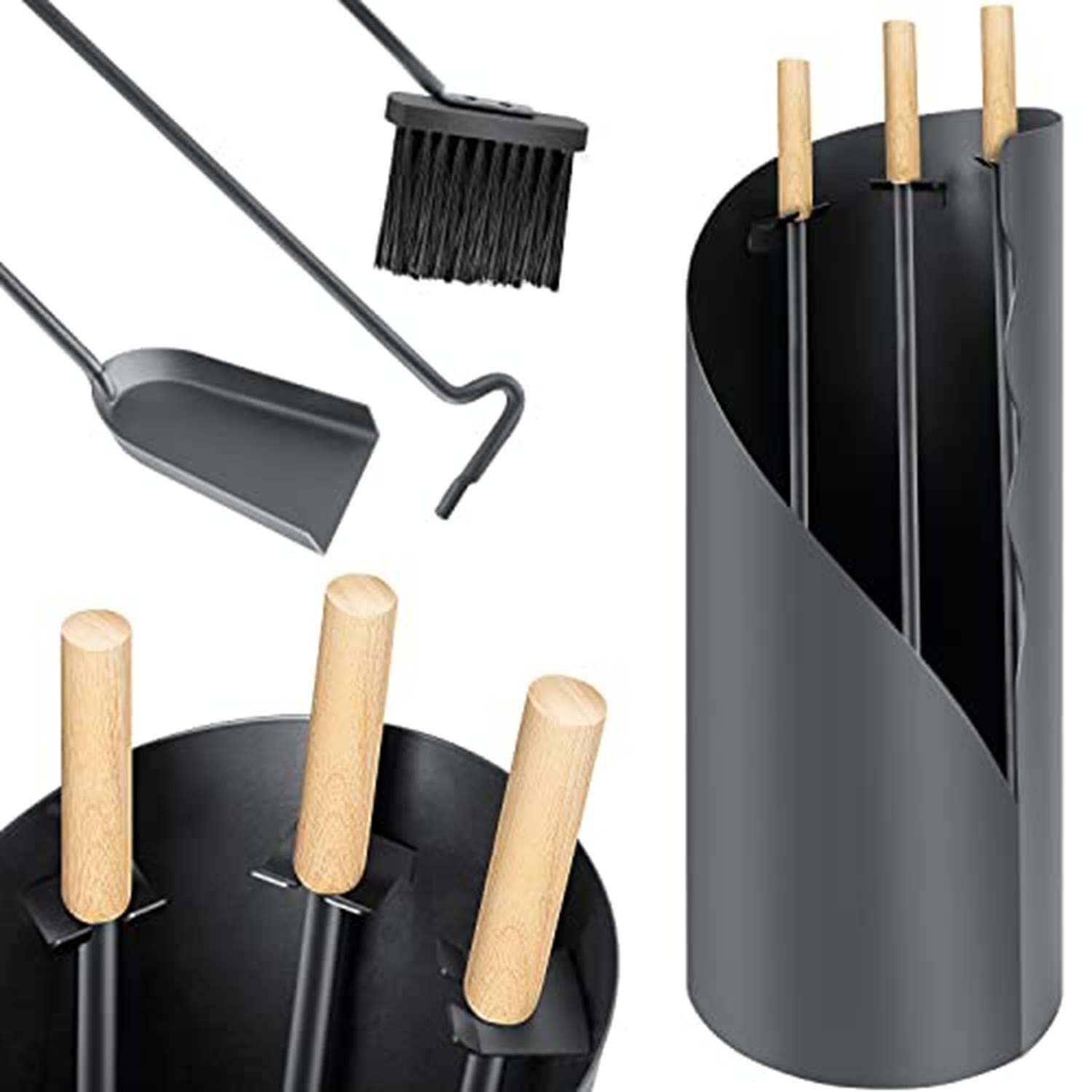 Un juego de herramientas para chimenea con soporte, pala, cepillo y atizador. Las herramientas tienen mangos de madera.