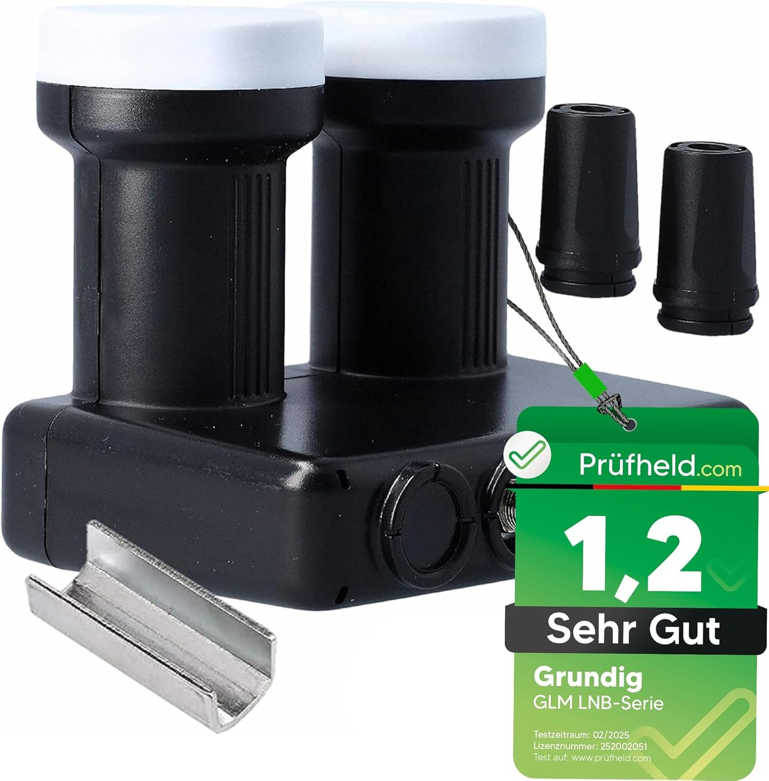 Zwei schwarze LNBs mit Anschlüssen, eine Metallklemme und ein Etikett mit Bewertung.