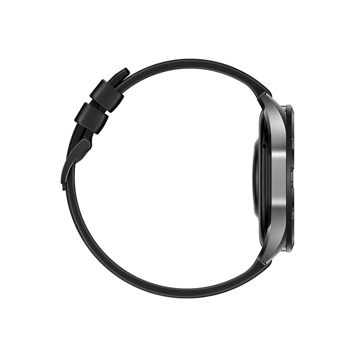 Seitenansicht einer schwarzen Smartwatch mit schwarzem Armband, auf weißem Hintergrund.