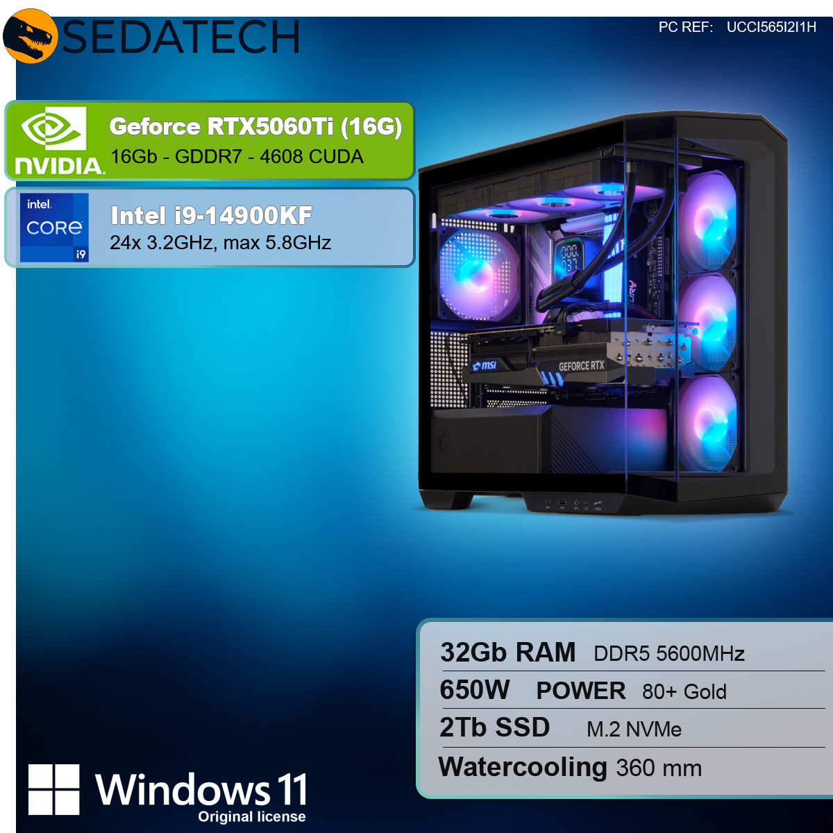 Komputer stacjonarny z widocznymi komponentami i panelem informacyjnym.