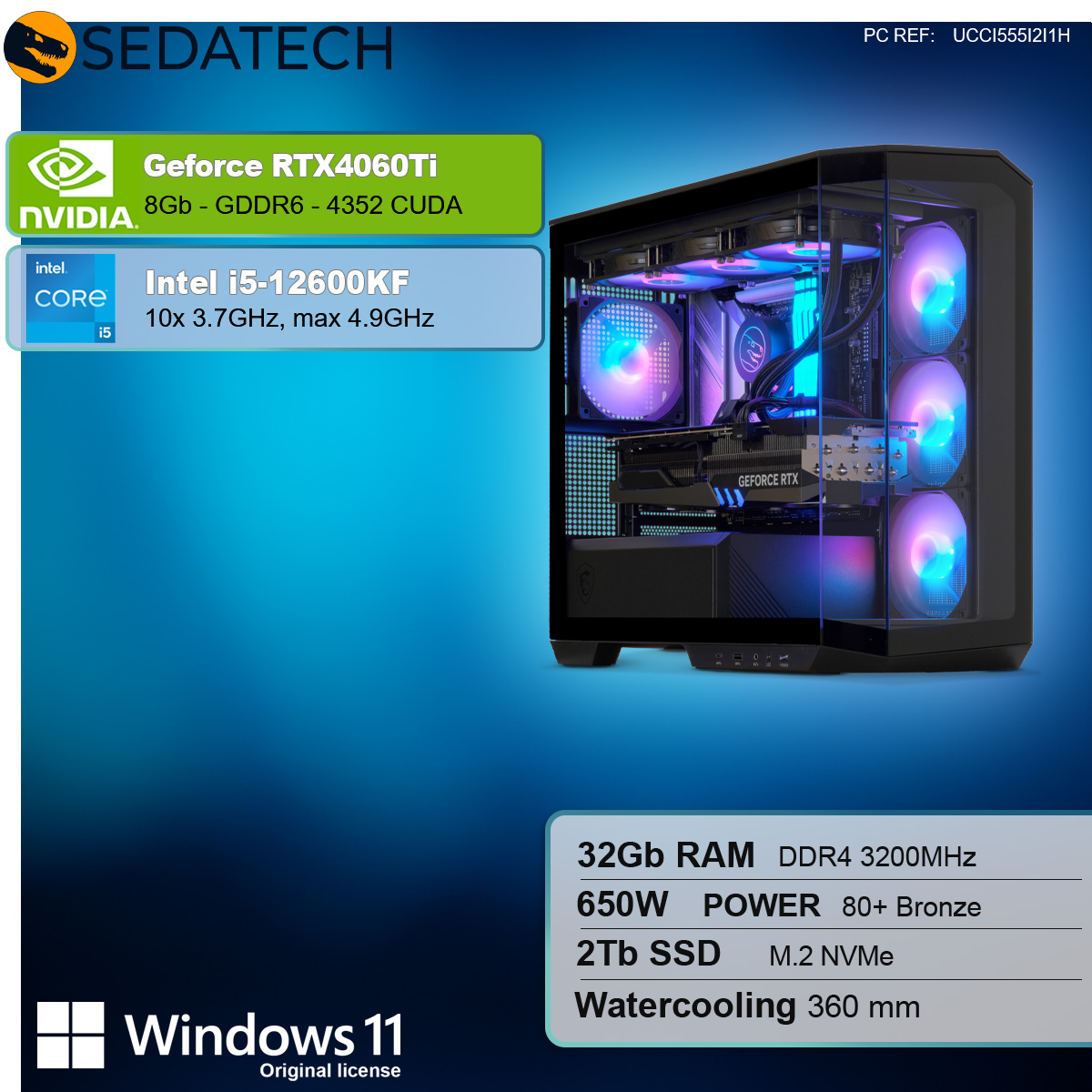 Wieża komputera z komponentami i listą specyfikacji. Wieża jest czarna i ma szklany panel boczny.