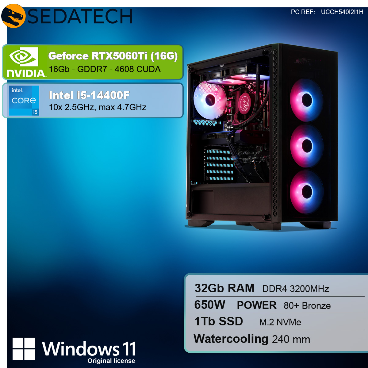 Un computer desktop con pannello laterale in vetro.