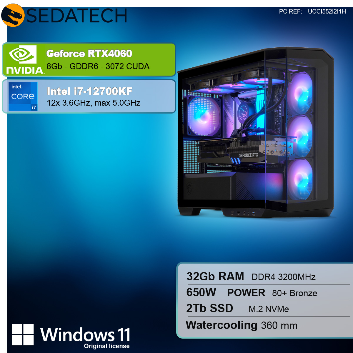 Czarna obudowa komputera stacjonarnego z przezroczystym panelem bocznym, ze specyfikacjami dla GeForce RTX 4060 i Intel i7.