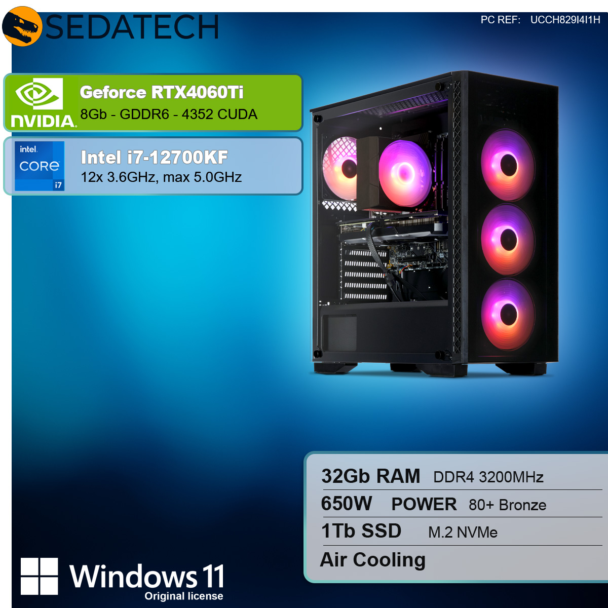 PC gaming con case aperto, ventole colorate e overlay di testo con specifiche e informazioni sul marchio.