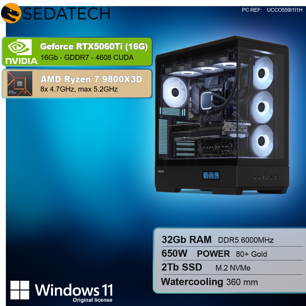 Un computer con case nero e luci RGB. Il testo mostra le specifiche: RTX5060Ti, Ryzen 7, 32GB RAM, 2TB SSD.