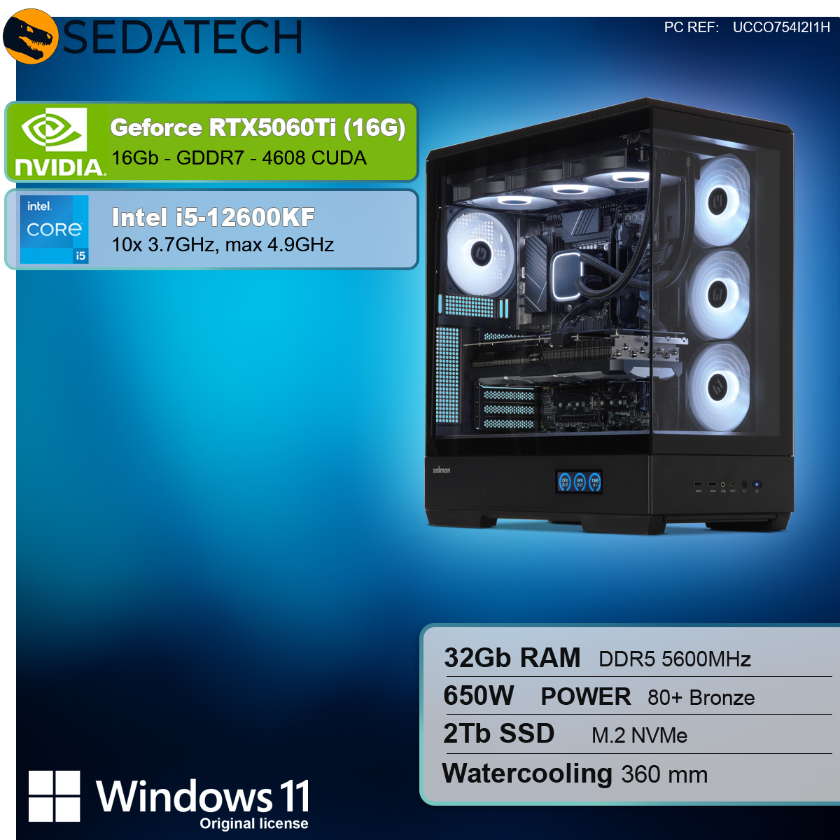 Computergehäuse mit Komponenten. Text: Nvidia GeForce RTX5060Ti, Intel i5-12600KF, 32 GB RAM, 2 TB SSD.
