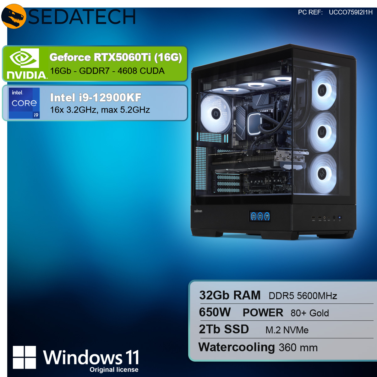 Un case per PC è mostrato con un pannello laterale in vetro. Il testo sull'immagine include i loghi NVIDIA e Intel e le specifiche.