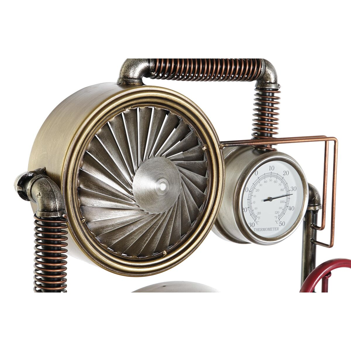 Oggetto decorativo in stile steampunk con ventola, manometro e tubi.