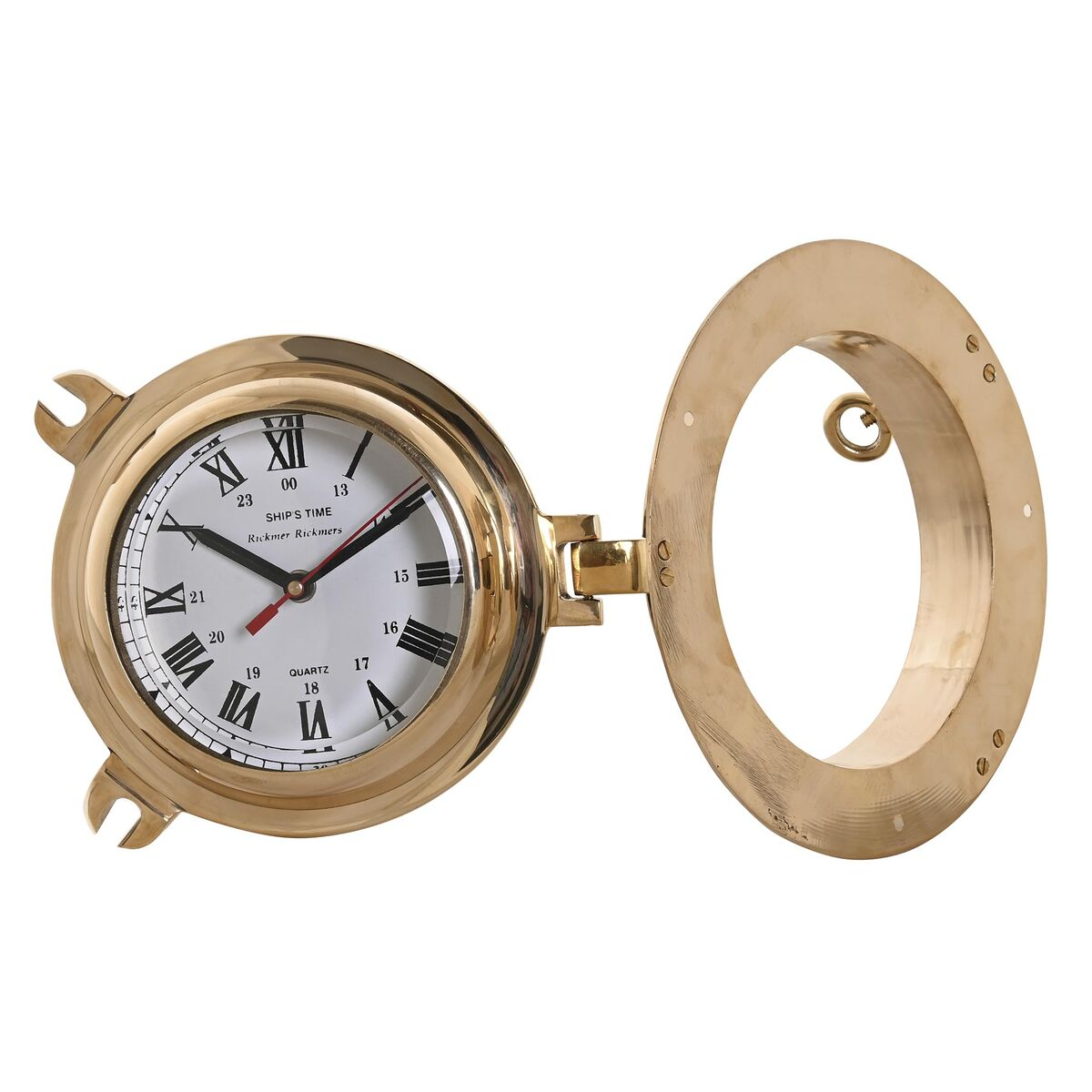 Orologio in ottone con numeri romani, in una cornice circolare, aperto con una cerniera.