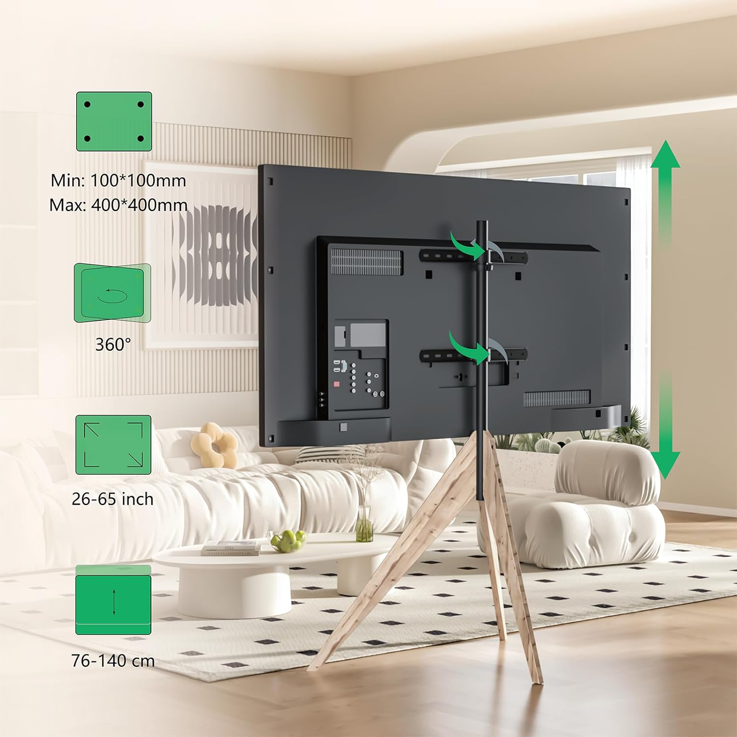 Tv op een houten standaard met afmetingen en groene pijlen.