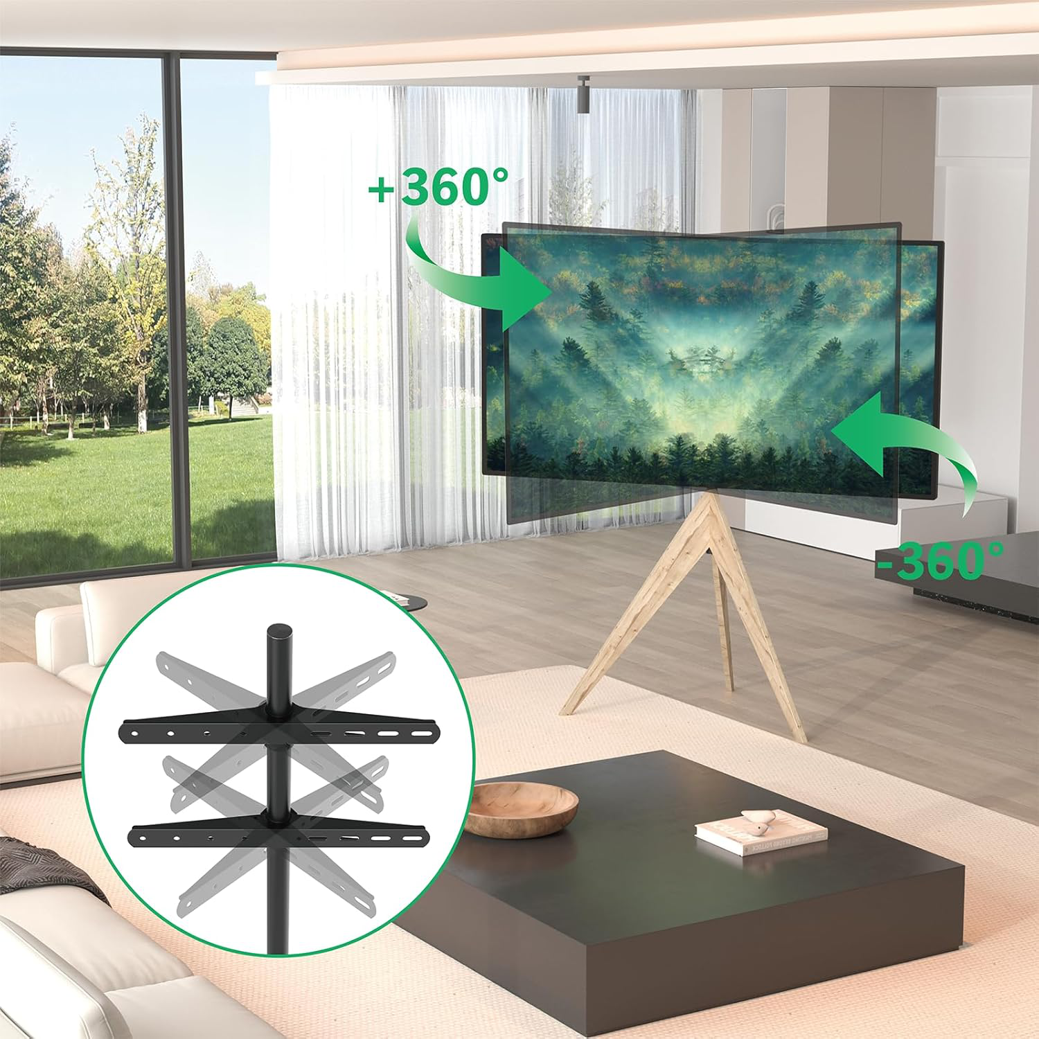 TV op standaard, pijlen geven 360° rotatie aan. Inzetstuk toont detail. Moderne woonkamer.