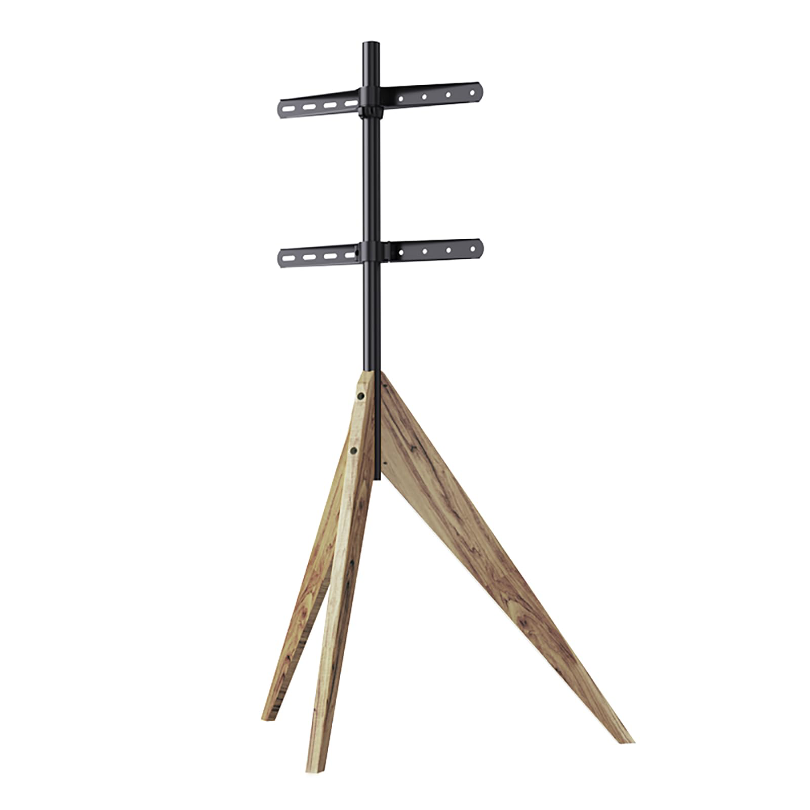 Een moderne tv-standaard met een houten basis en een zwart metalen frame dat de tv vasthoudt.
