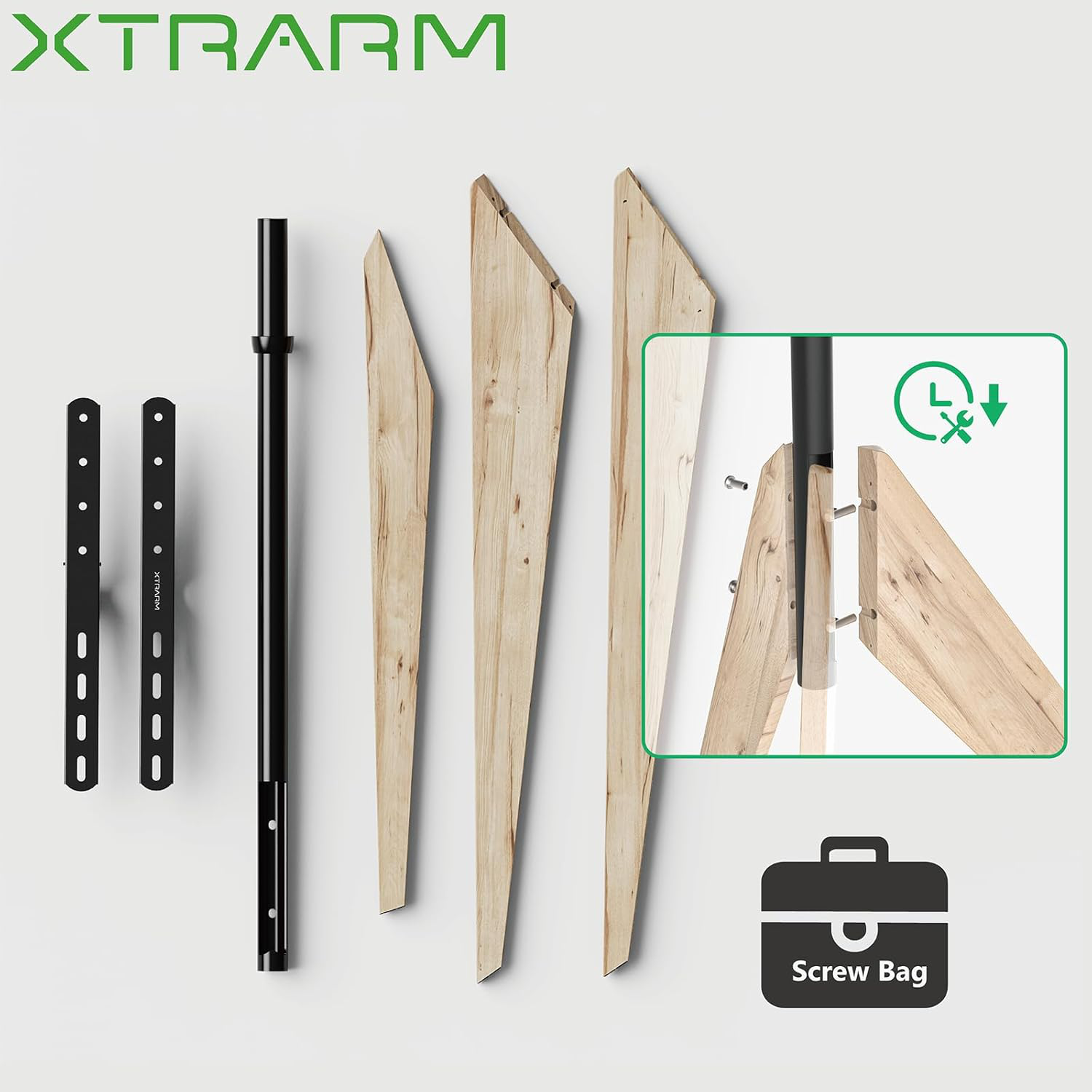 XTRARM TV-Halterungskomponenten: Halterungen, Arme und Diagramm mit Schrauben.