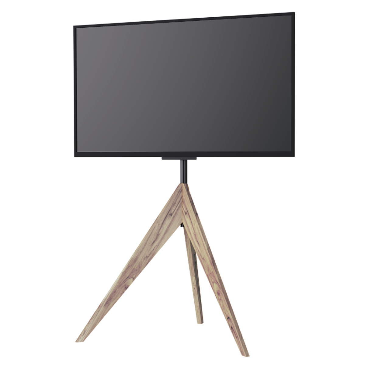 Een modern tv-scherm op een houten statief. De standaard heeft een driehoekig ontwerp.