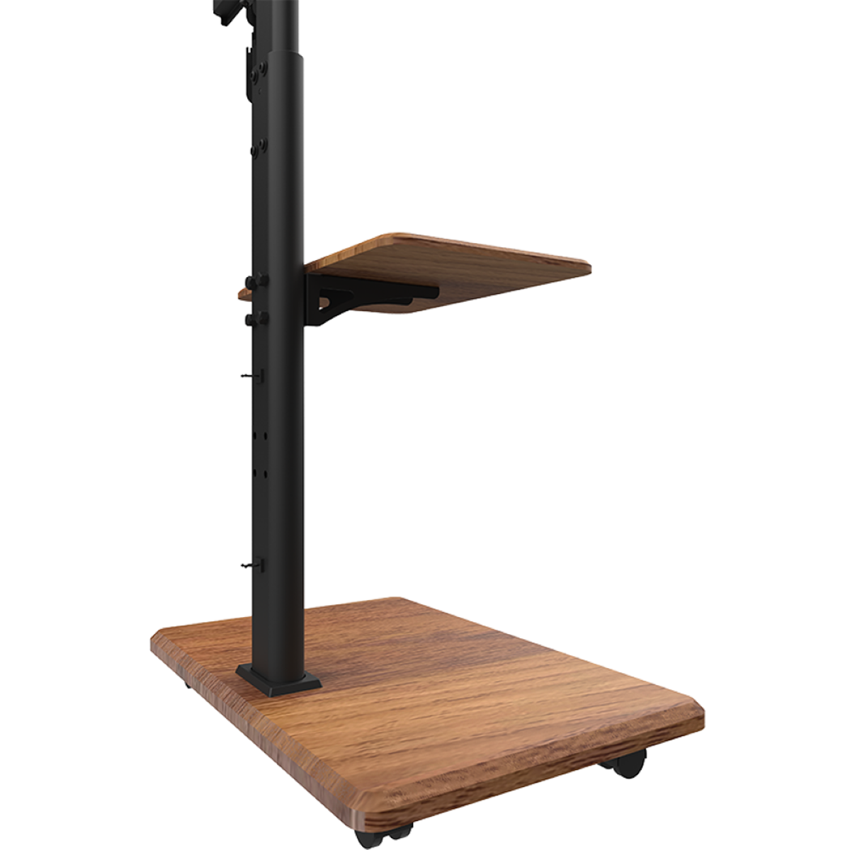Een houten standaard met een hoge zwarte paal en een kleine plank.