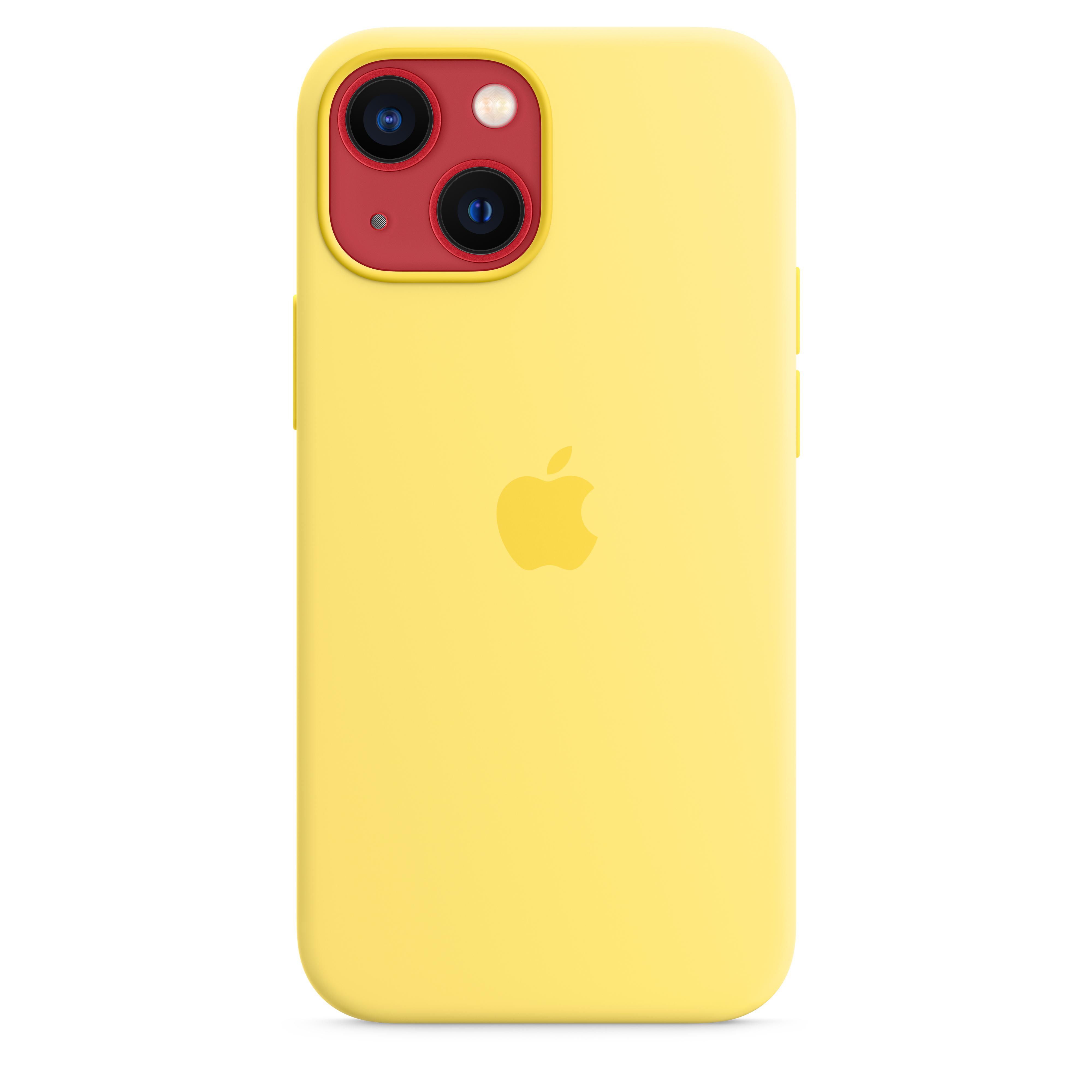 Gele iPhone-hoes, rode camera, Apple-logo op de achterkant.
