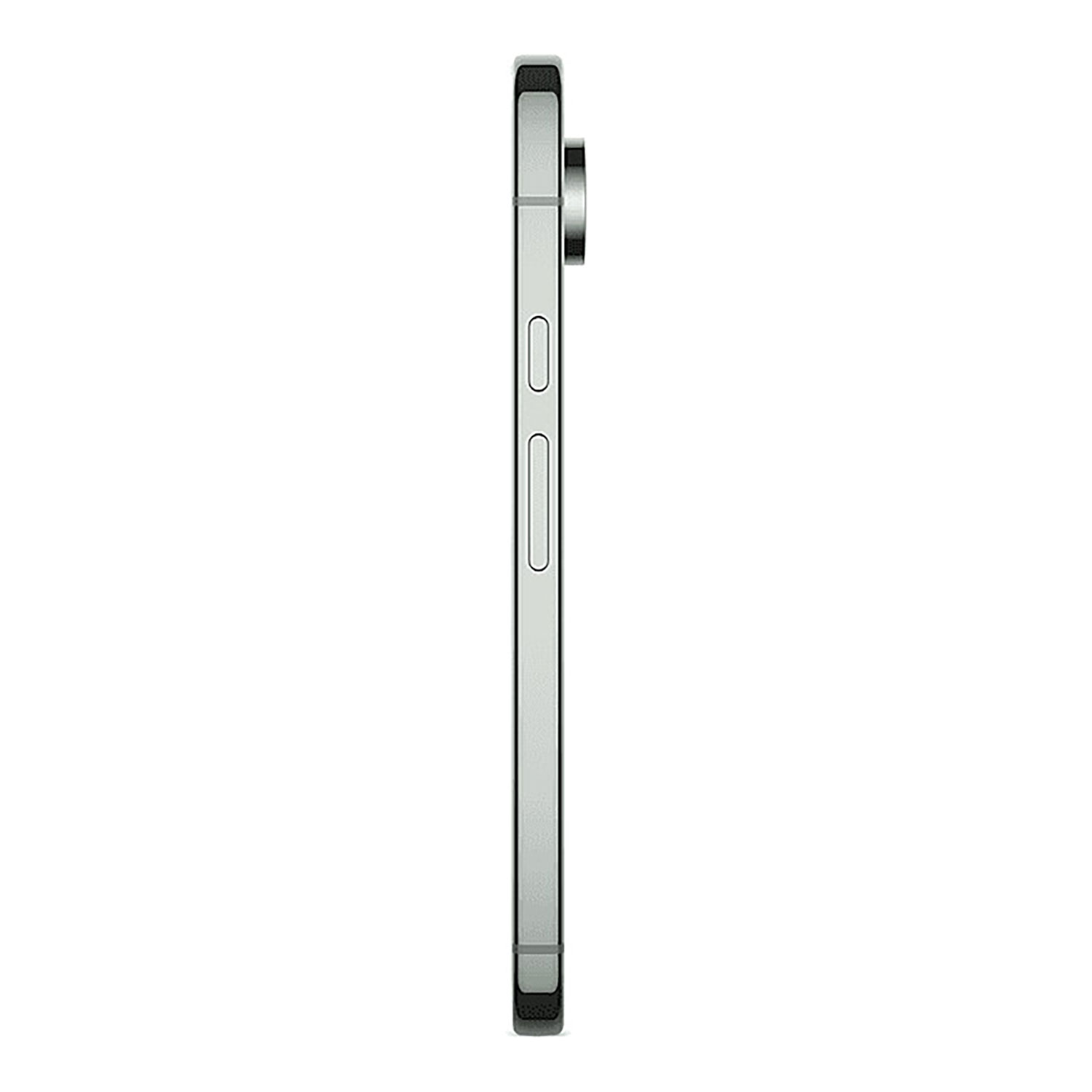 Seitenansicht eines silbernen Smartphones. Die Knöpfe und die Kamera sind auf der Seite sichtbar.