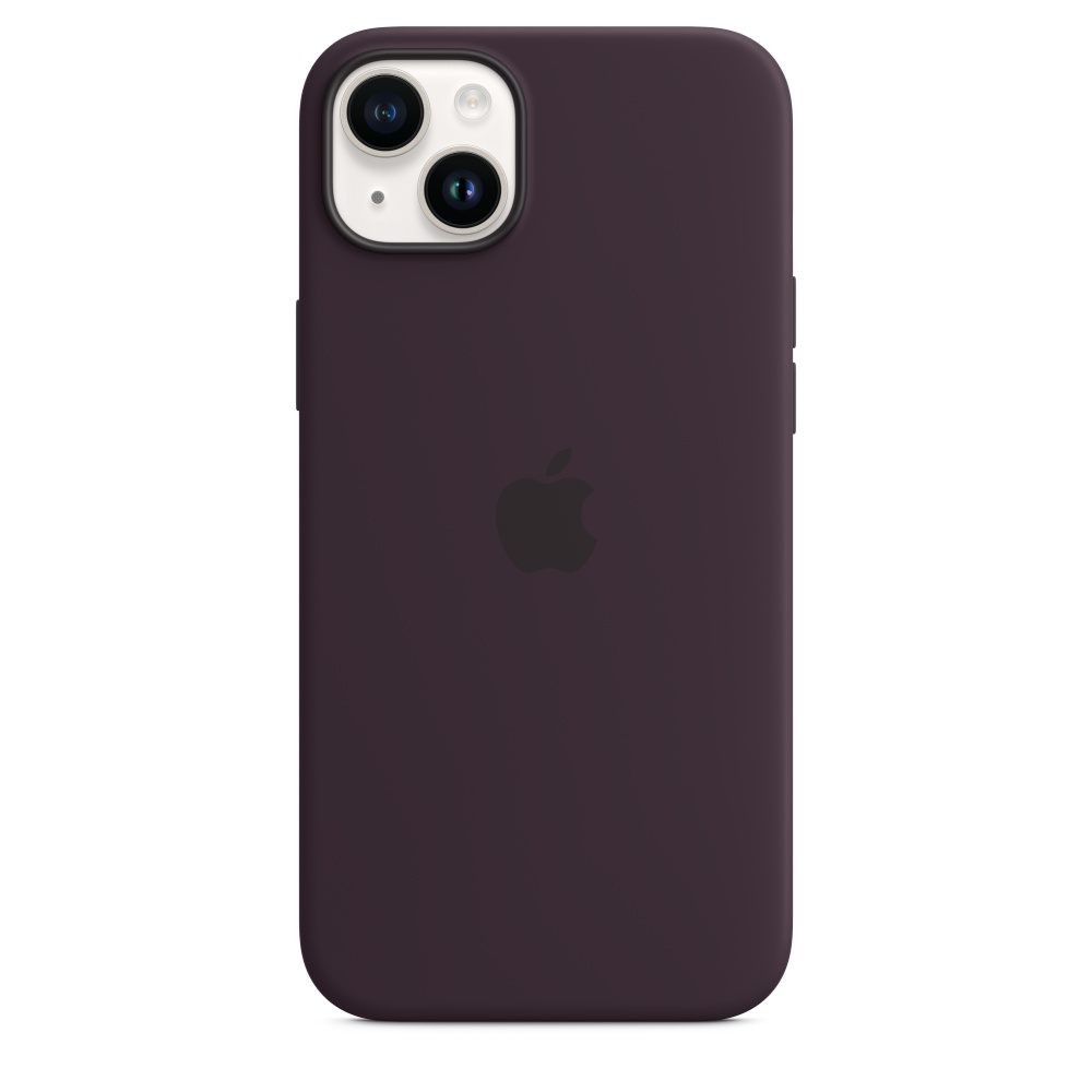 Een donkerpaarse iPhone met het Apple-logo. Zwarte cameramodule.