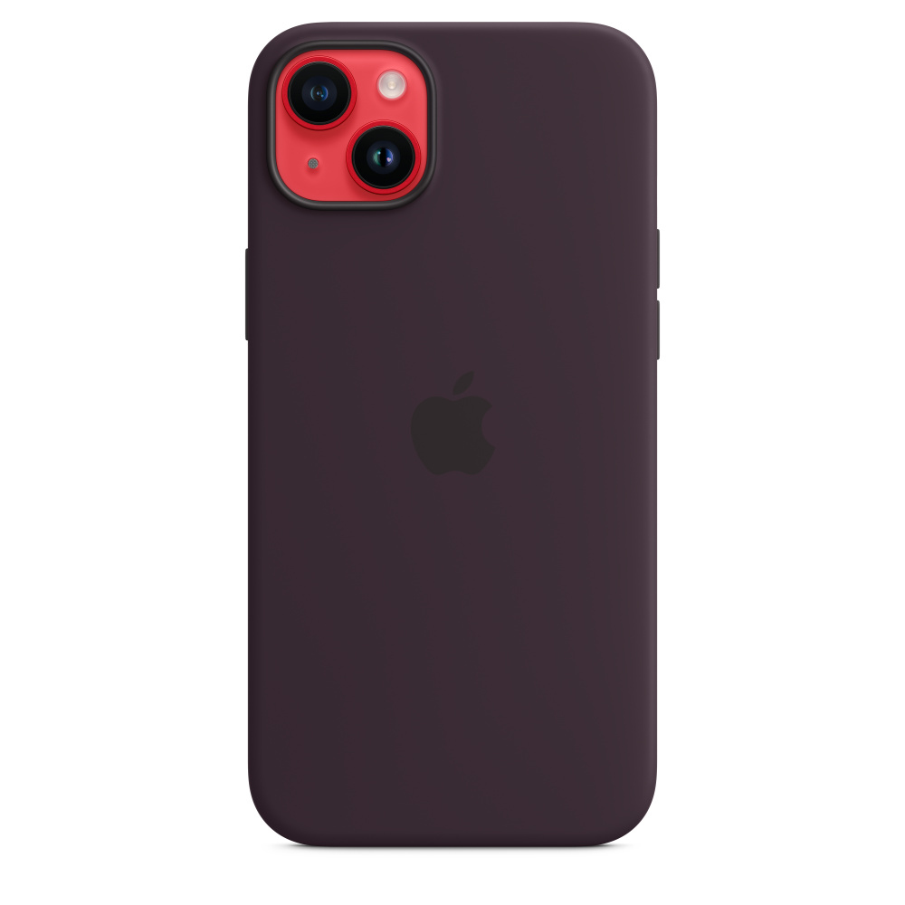 Een paarse iPhone-hoes met een rode camerasectie en een zwart Apple-logo.