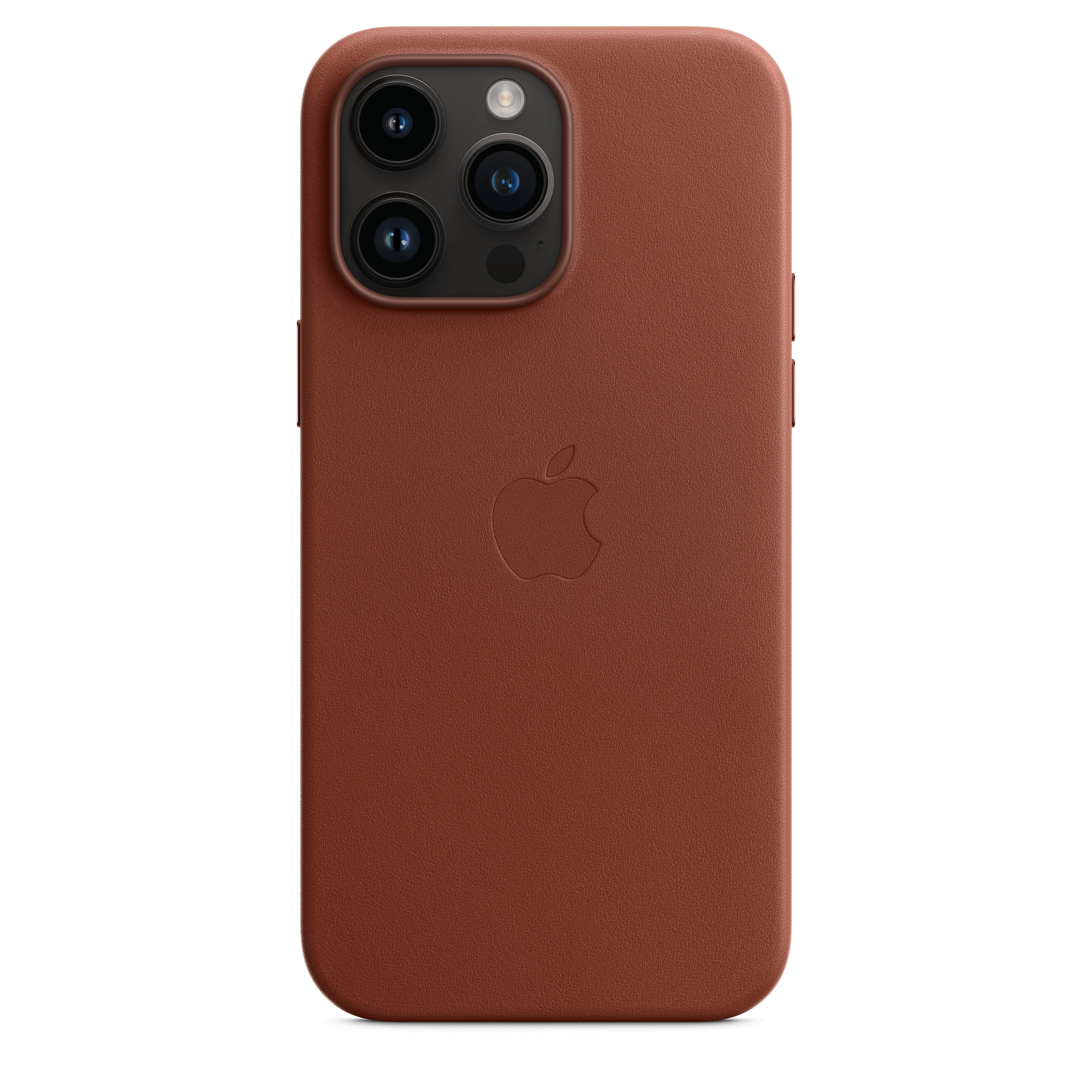 Un étui de téléphone en cuir marron avec une caméra arrière et le logo Apple.
