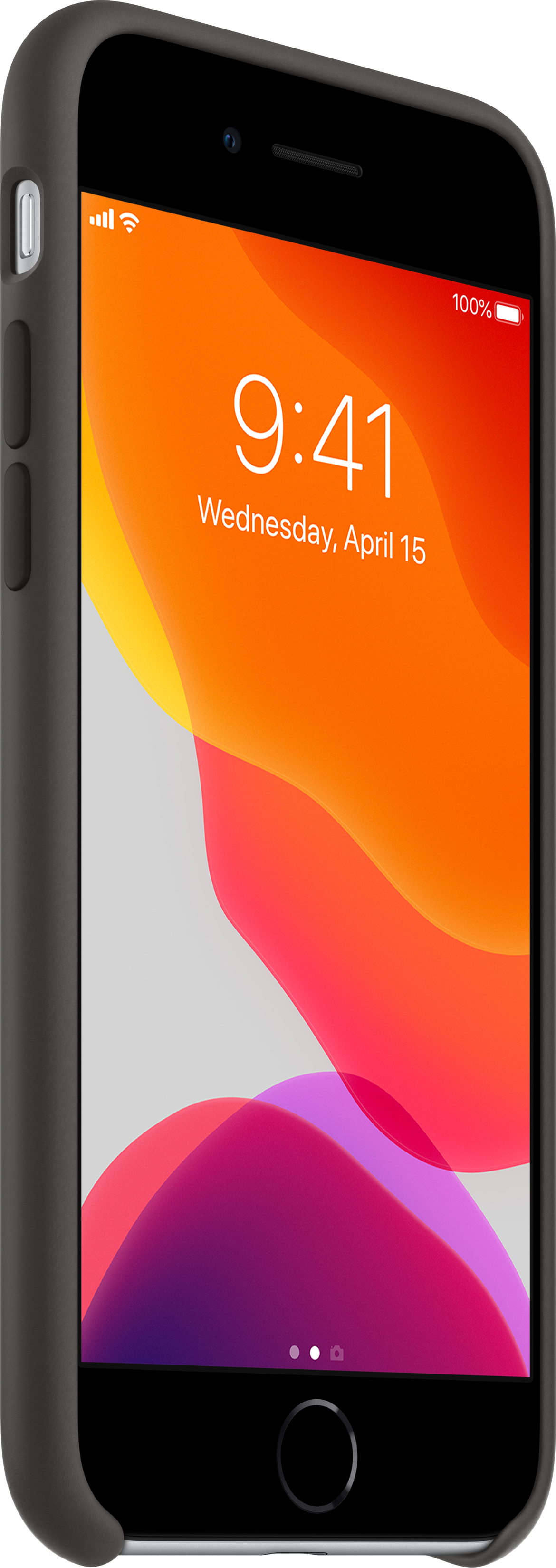 Un iPhone noir dans un étui affichant l'heure et la date, avec un fond coloré, isolé.