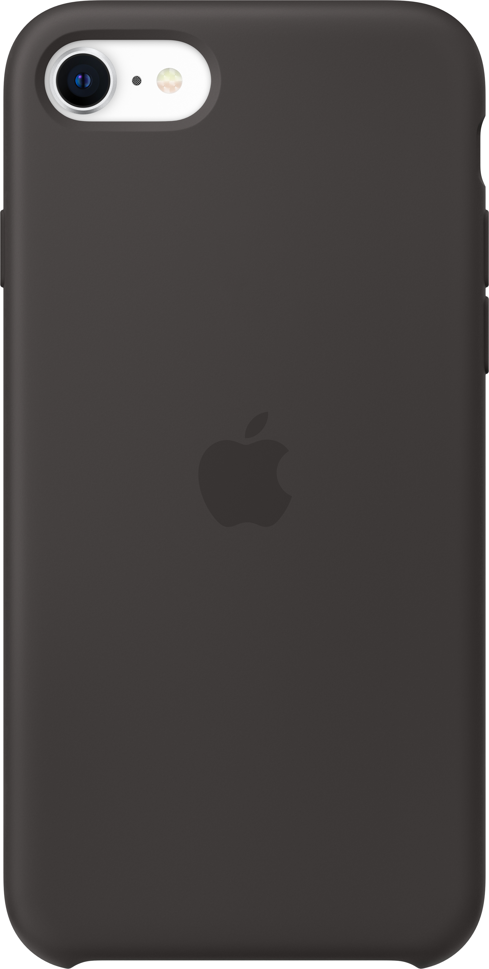 Coque d'iPhone noire avec le logo Apple. La coque est lisse et couvre le téléphone.