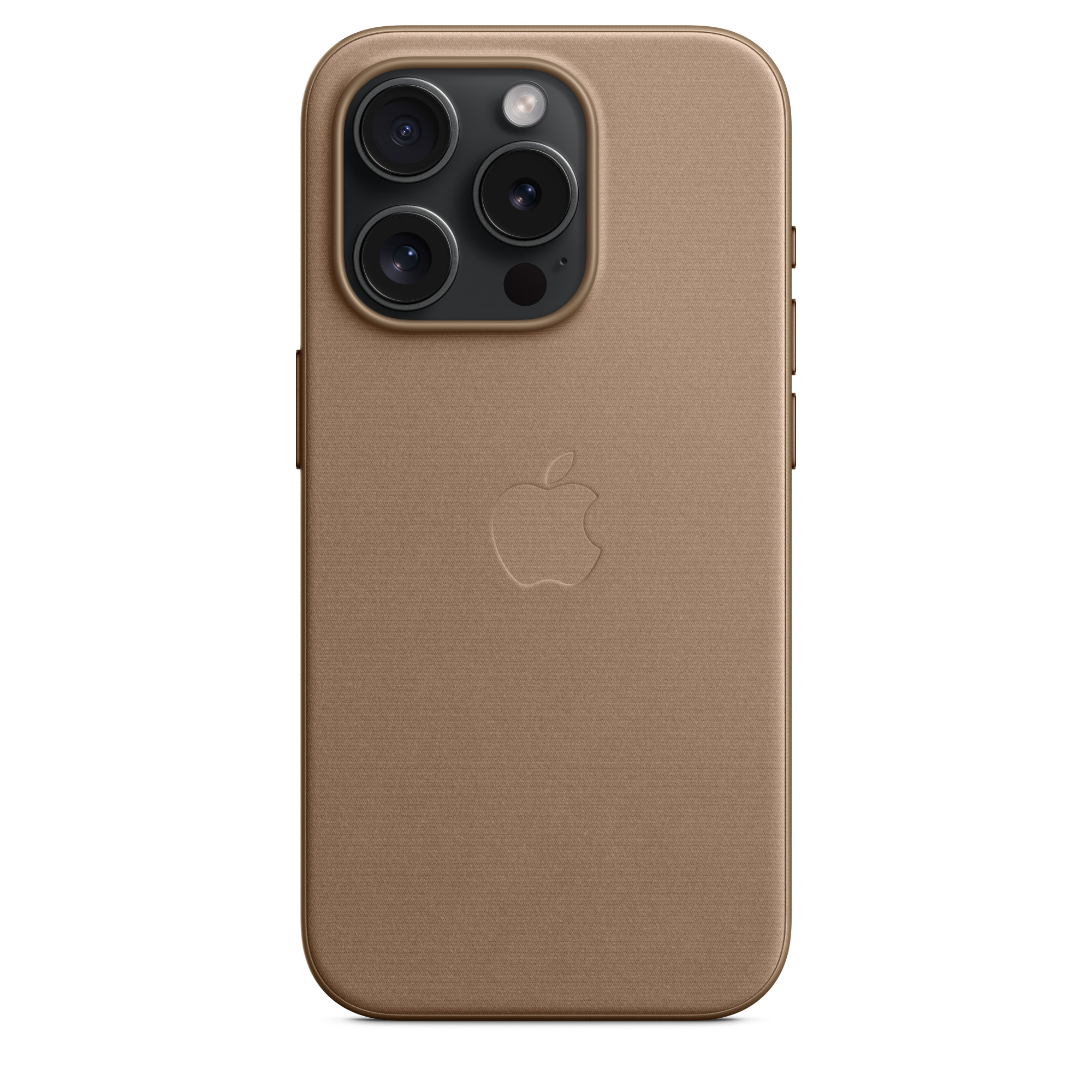 Een bruin telefoonhoesje met drie cameralenzen en een Apple-logo.