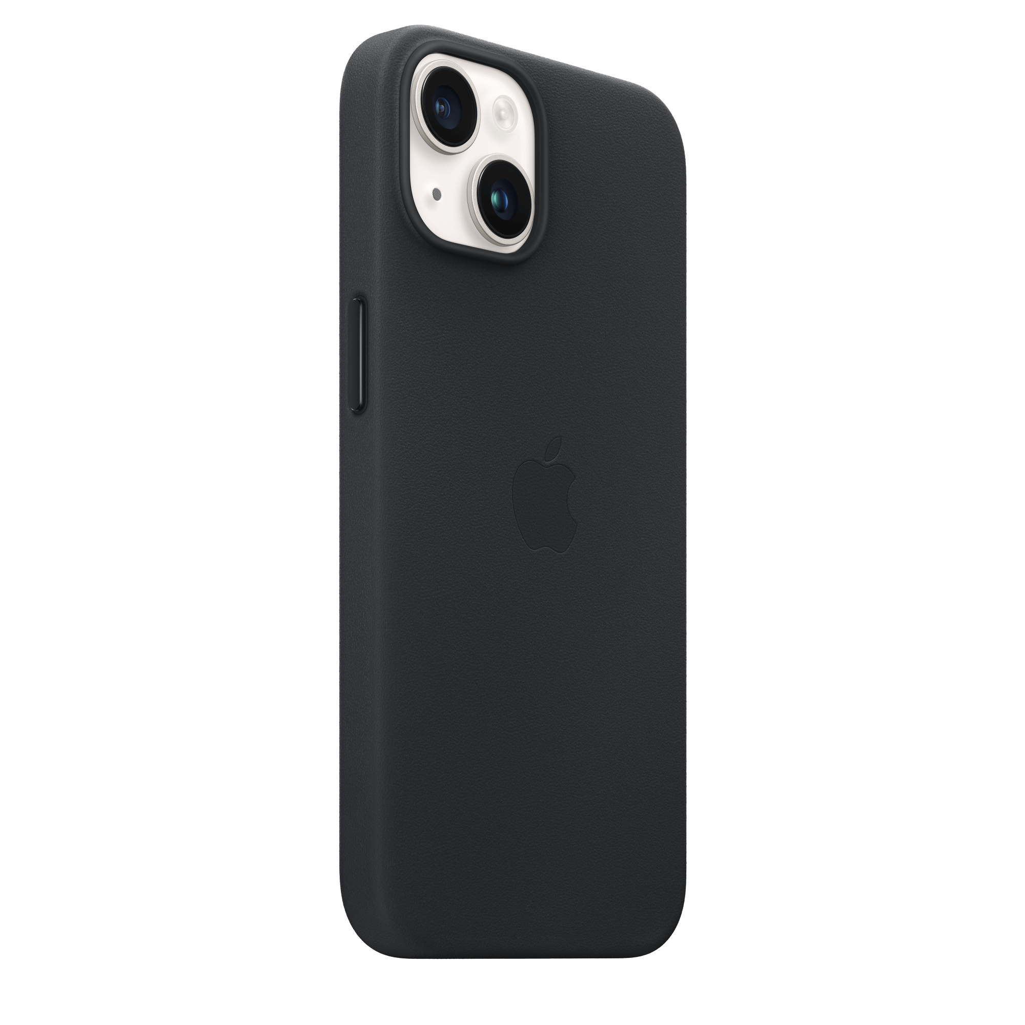 Coque de téléphone noire avec le logo Apple. Deux caméras. Coque noire, fond blanc.
