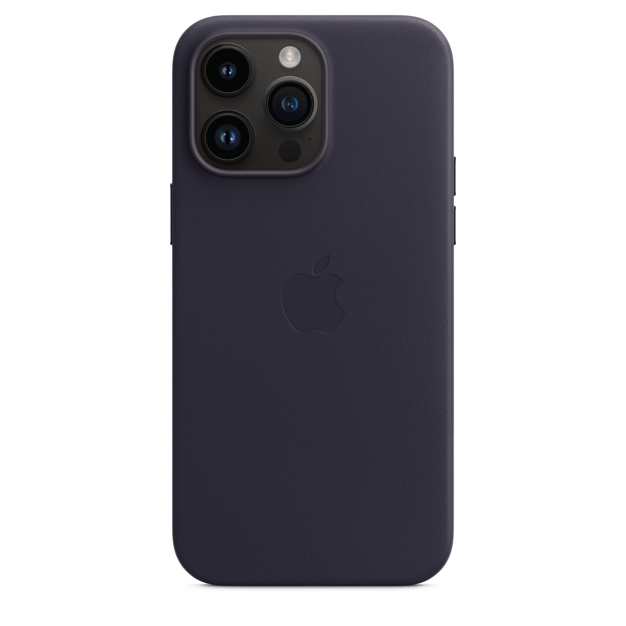 Donkerblauwe iPhone-hoes met drie cameralenzen. Apple-logo in reliëf.