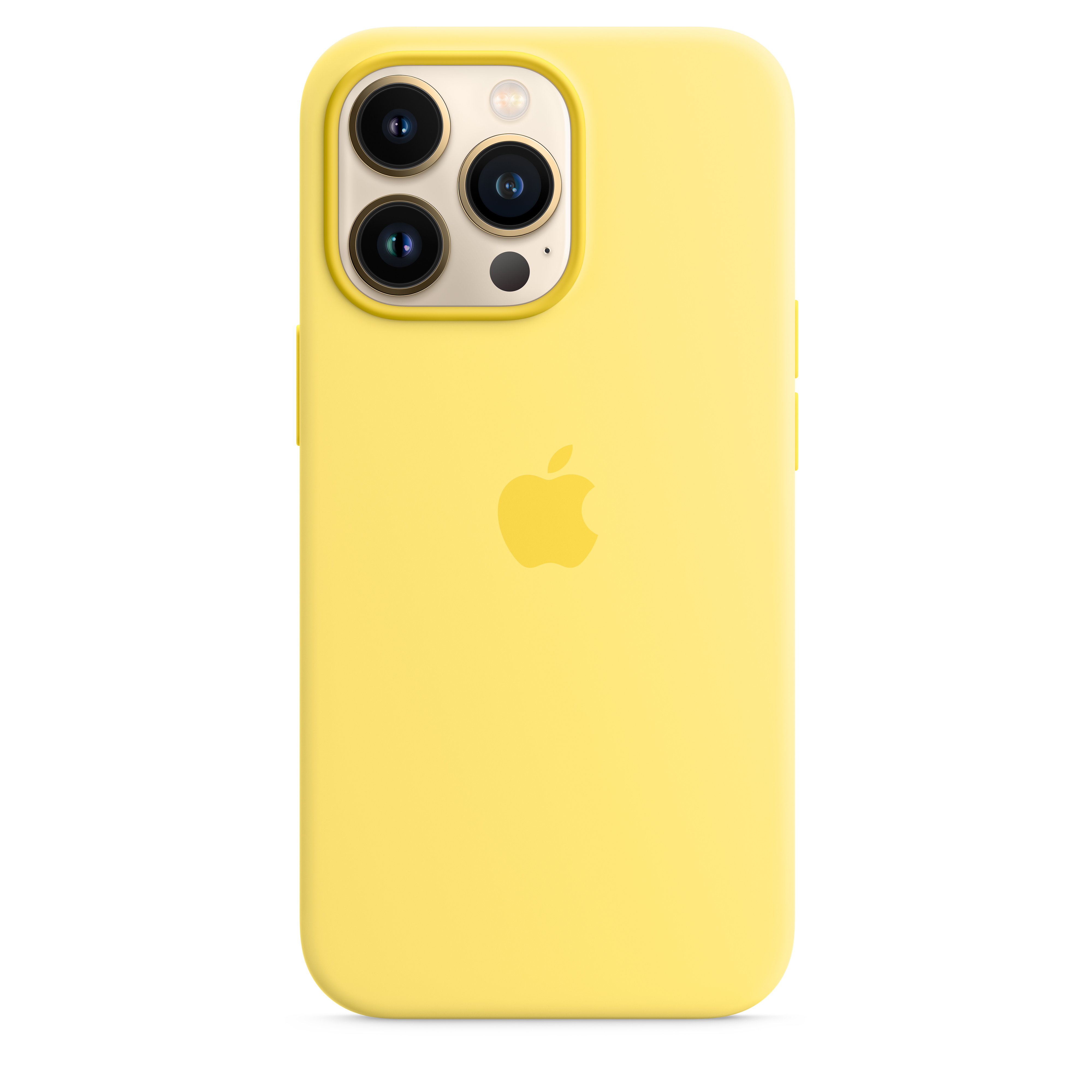 Gelbe iPhone-Hülle mit Apple-Logo und Kameradesign. Drei Linsen sind sichtbar.
