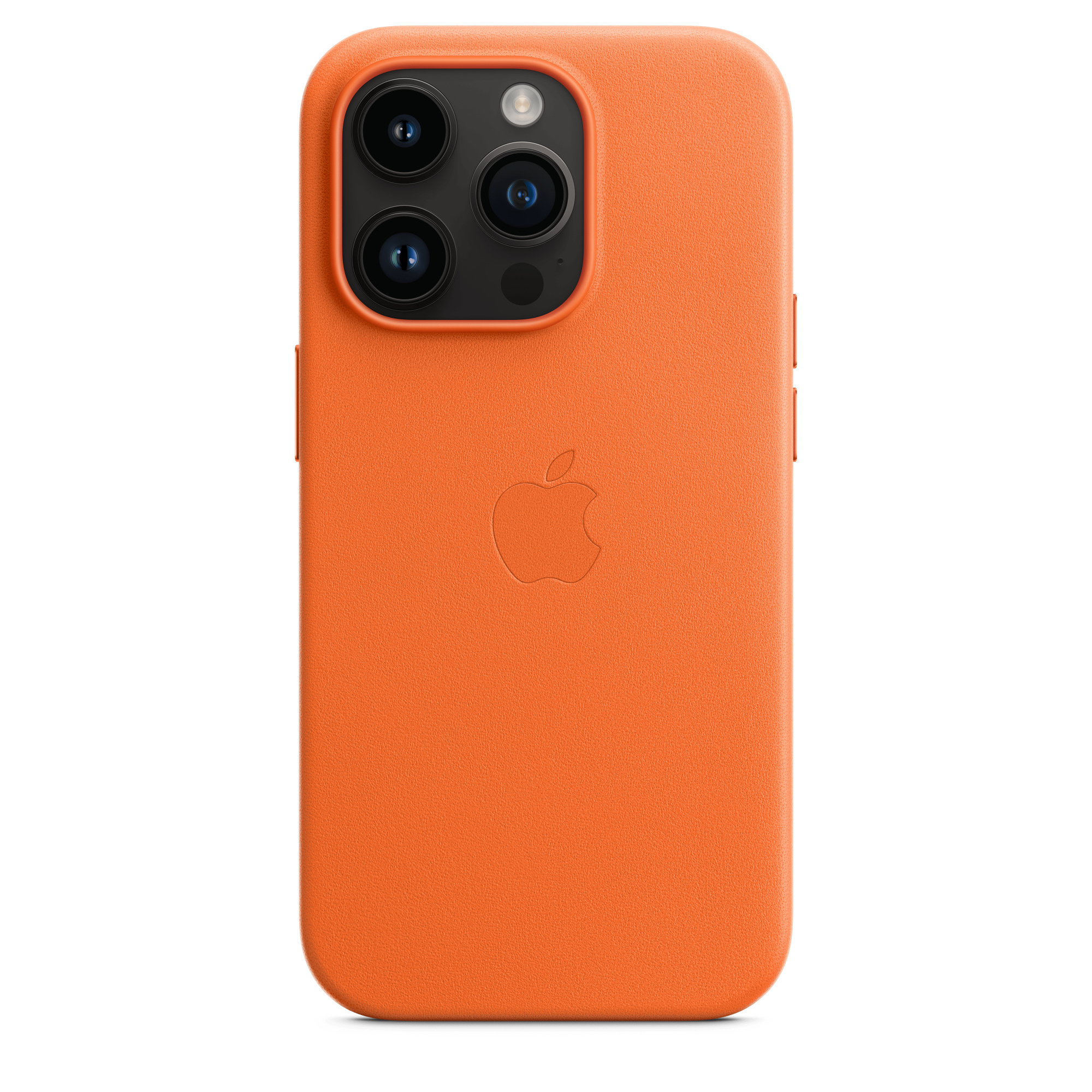 Eine orangefarbene iPhone-Hülle mit dem Apple-Logo auf der Rückseite, drei Kameras.