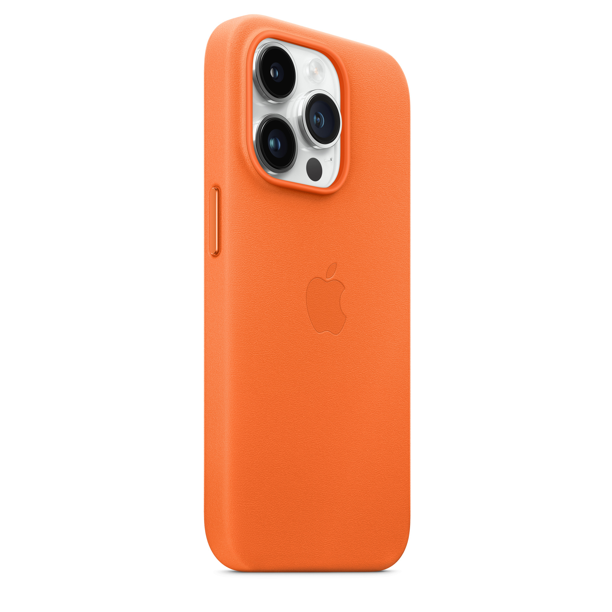 Orangene iPhone-Hülle mit drei Kameras. Apple-Logo auf der Rückseite. Seitenansicht zeigt einen Ausschnitt.