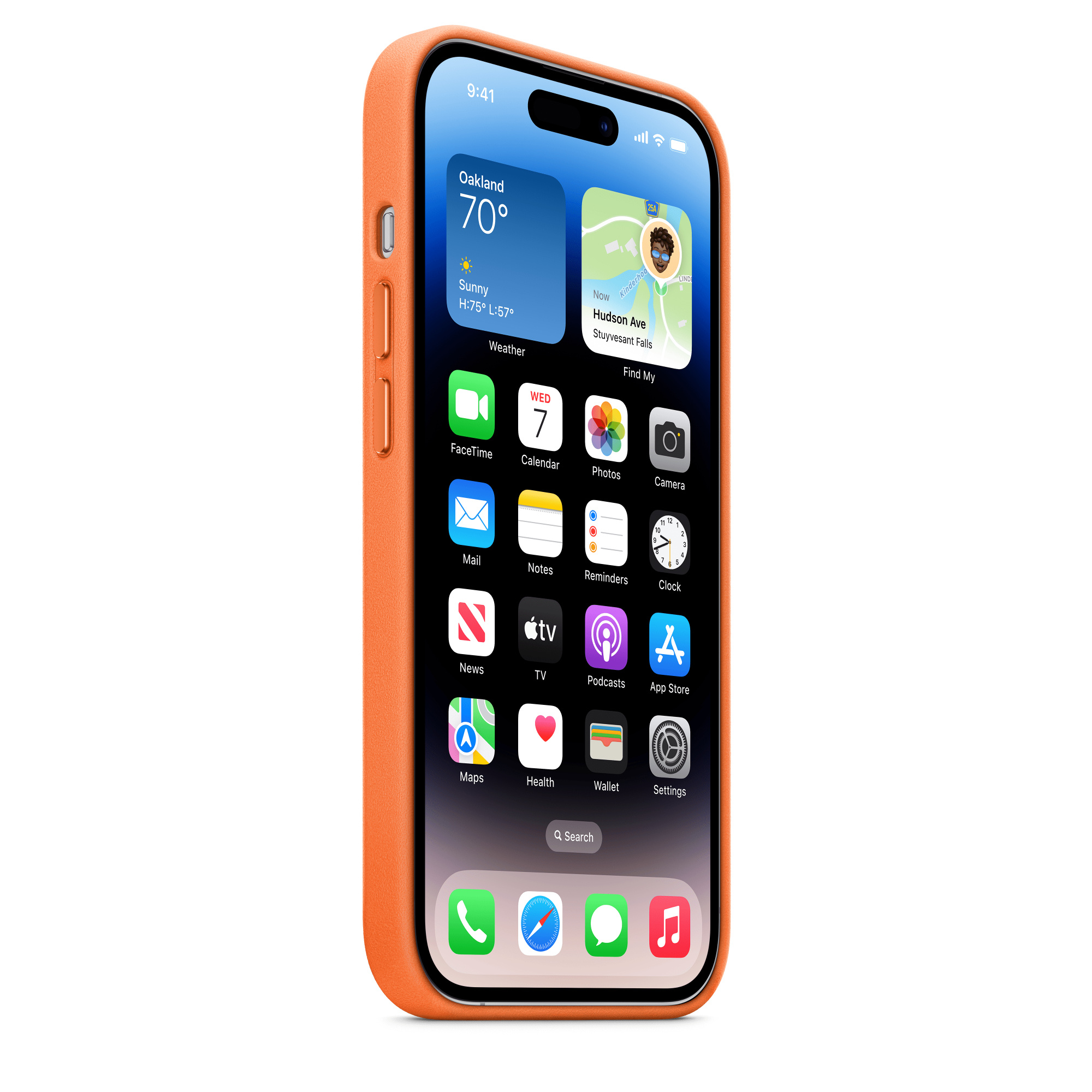Ein oranges Telefon mit einem Bildschirm, der Apps wie FaceTime und Kalender zeigt.