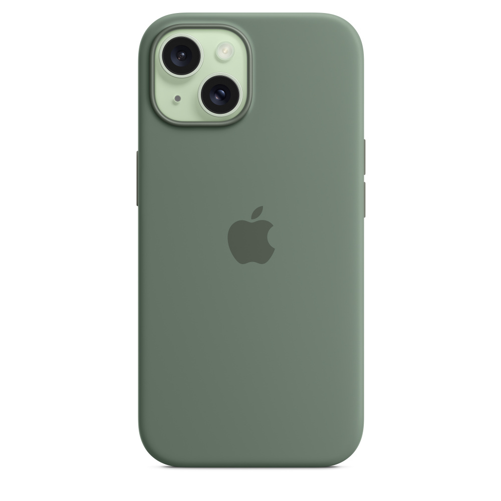 Retro di un telefono verde con custodia. Il telefono ha due fotocamere e il logo Apple.