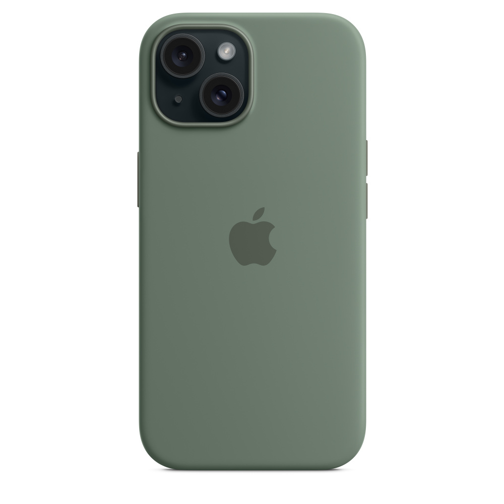 Custodia verde per iPhone con due fotocamere e logo Apple sul retro.