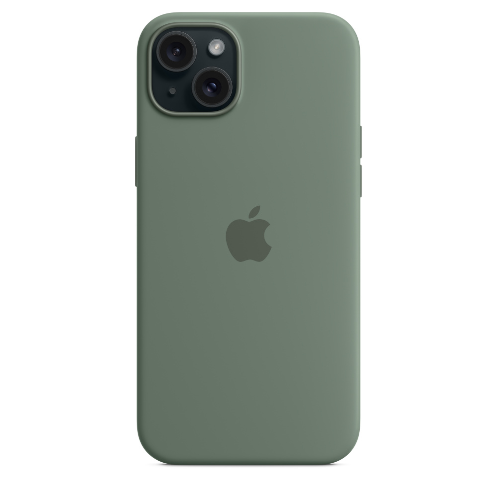 Zielone etui na iPhone z logo Apple i podwójnym obiektywem.