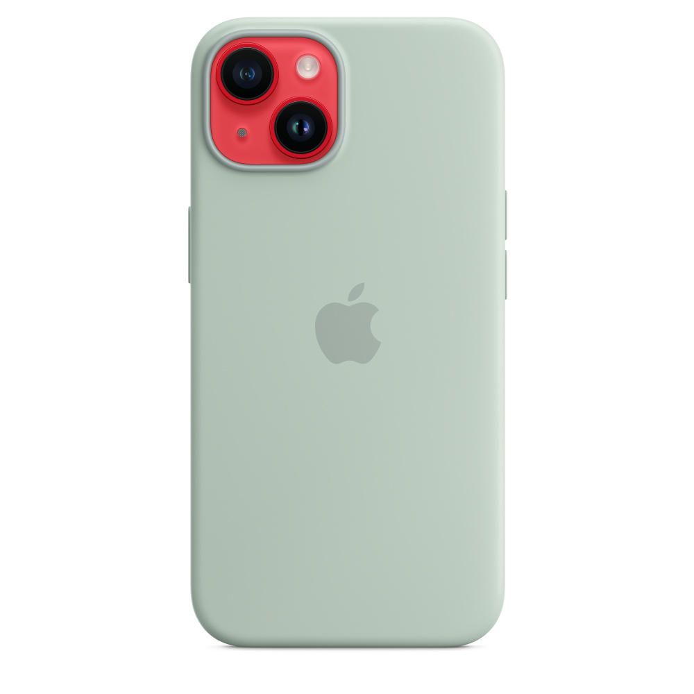 Hellgrüne Handyhülle mit rotem Kamerabereich und Apple-Logo.