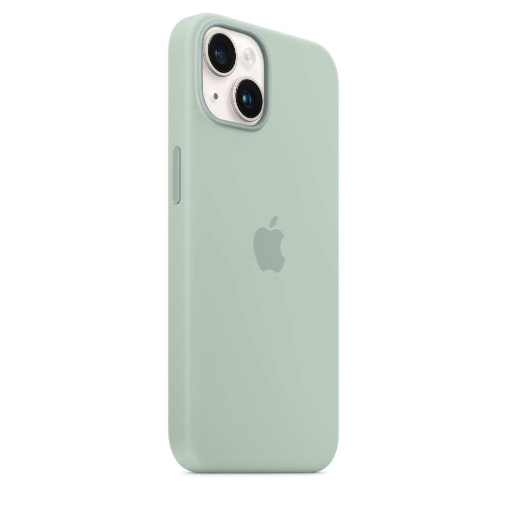 Eine mintgrüne iPhone-Hülle mit einem Ausschnitt für eine Dual-Objektiv-Kamera und dem Apple-Logo auf der Rückseite.
