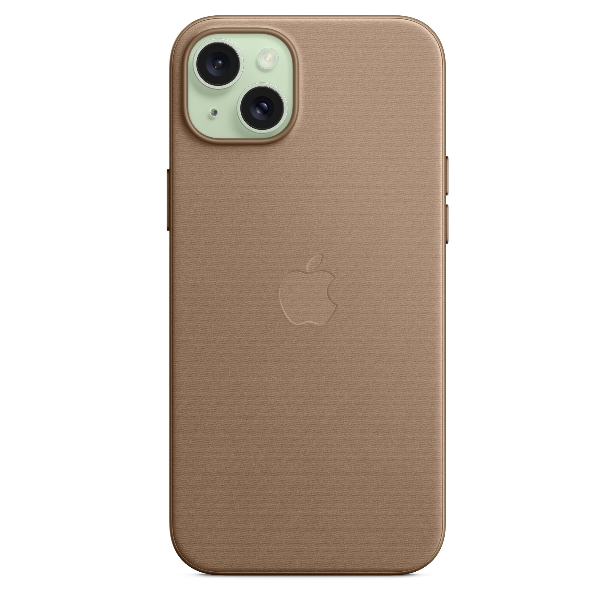 Bruine leren iPhone-hoes met camerabult en Apple-logo op witte achtergrond.