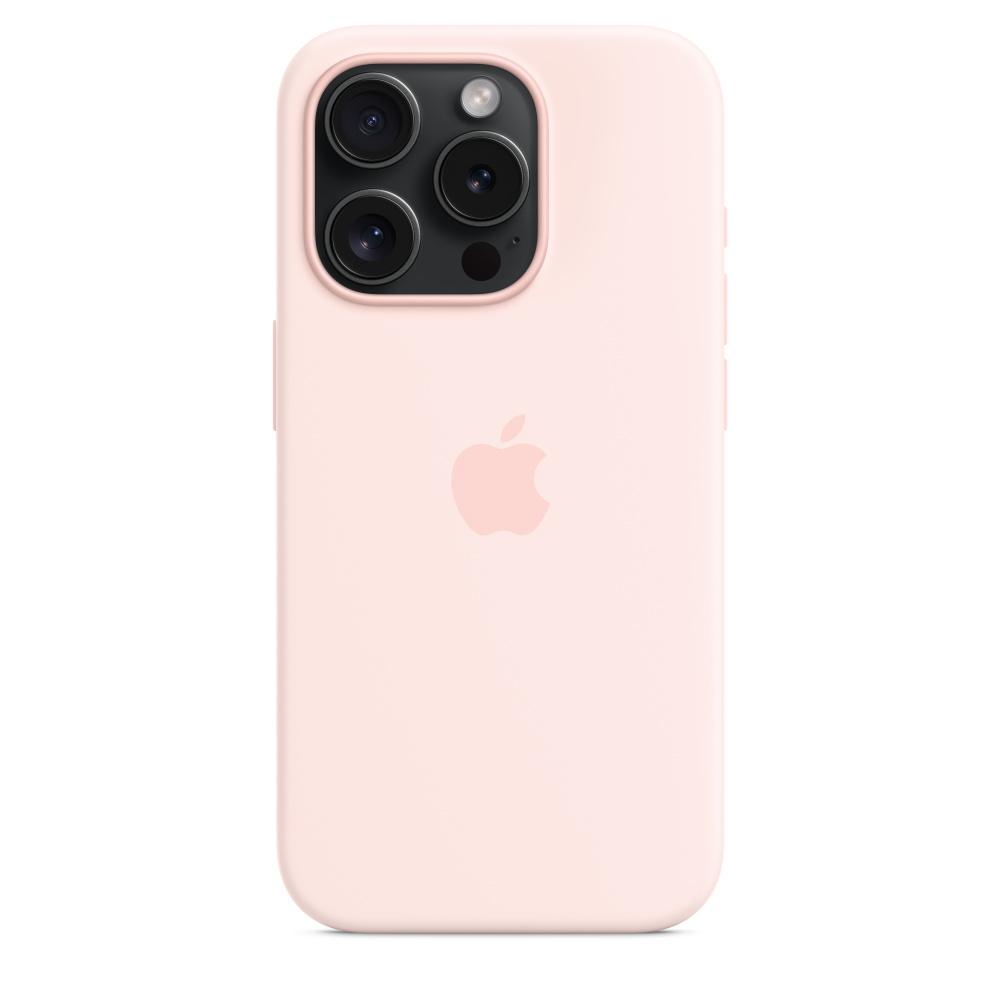 Coque iPhone rose clair avec une découpe pour l'appareil photo et le logo Apple.