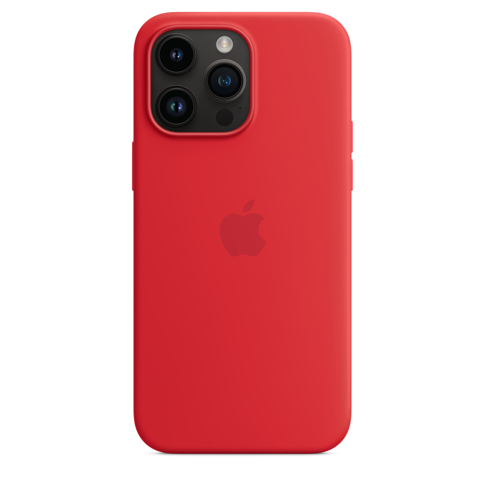 Un étui rouge pour iPhone avec des lentilles d'appareil photo et le logo Apple.